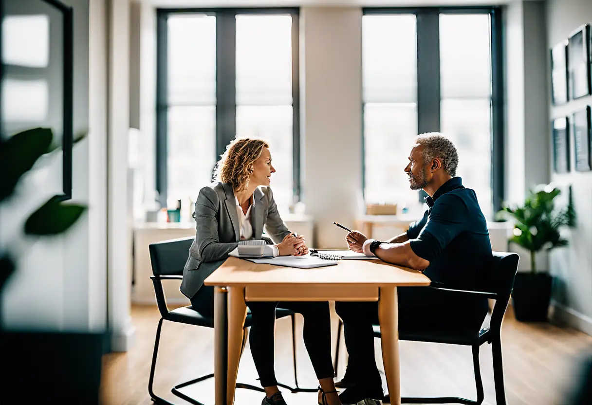 A coach and client engaged in a deep conversation during a personal coaching session in a bright office.