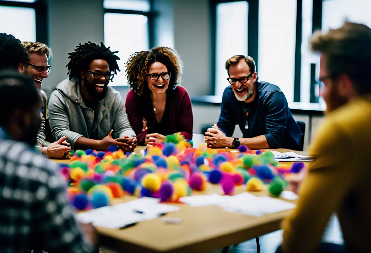 Participants engaged in interactive activities during a team development workshop.